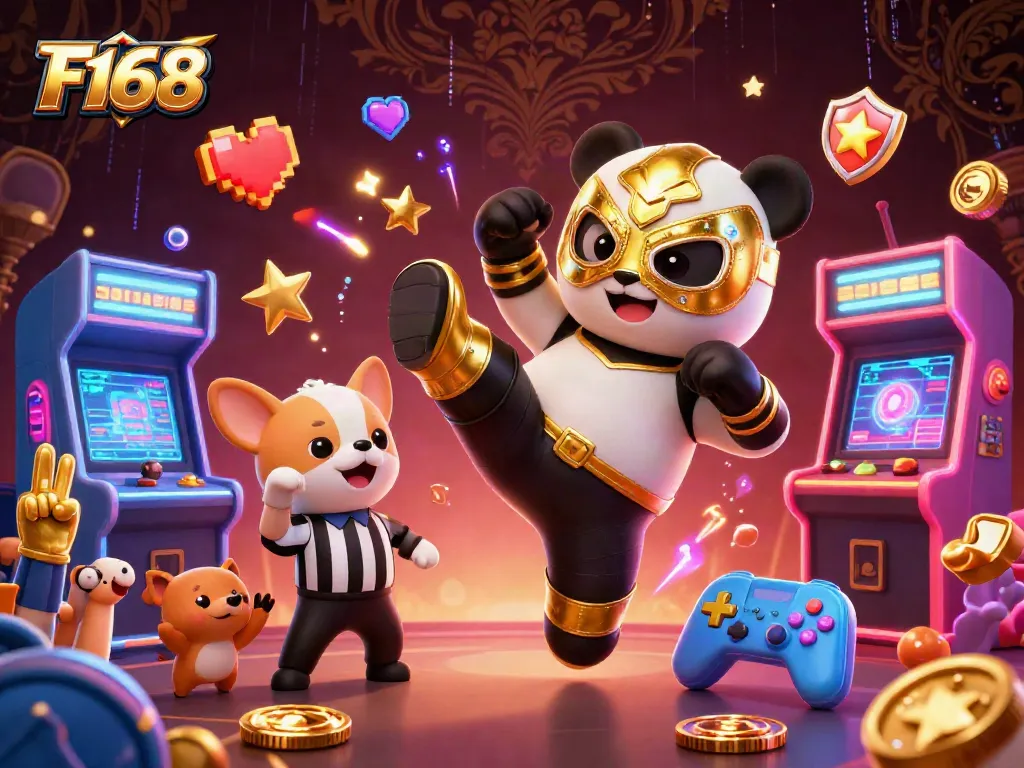 F168 panda wrestler delivers a flying kick in a vibrant cartoon casino scene filled with dynamic gaming elements.