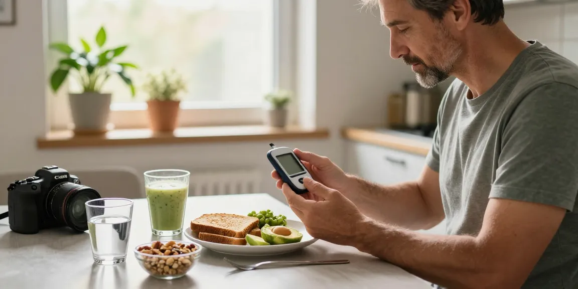 Checking diabetes glucometer while enjoying a healthy breakfast