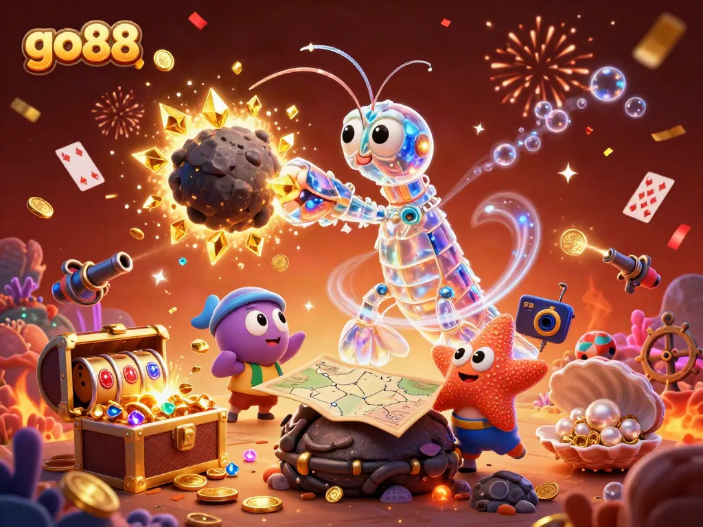 Go88's vibrant gambling adventure illustrated with a mantis shrimp and starfish amidst fireworks and treasures.