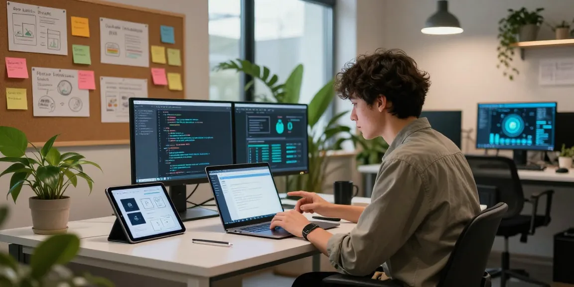 Interactive tech workspace featuring crush ai chatbot on laptop screen and vibrant design elements.