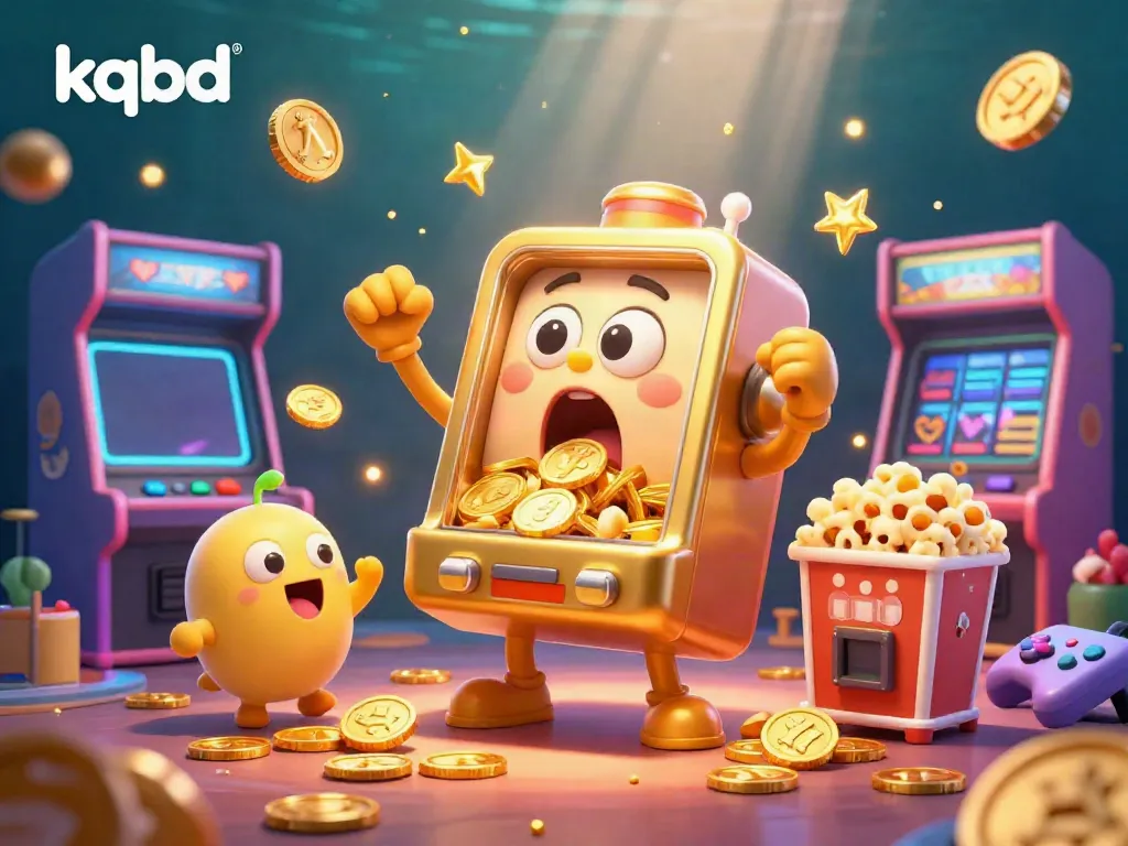 Engaging kqbd scene with a golden slot machine celebrating a jackpot, surrounded by cheering machines and arcade elements.