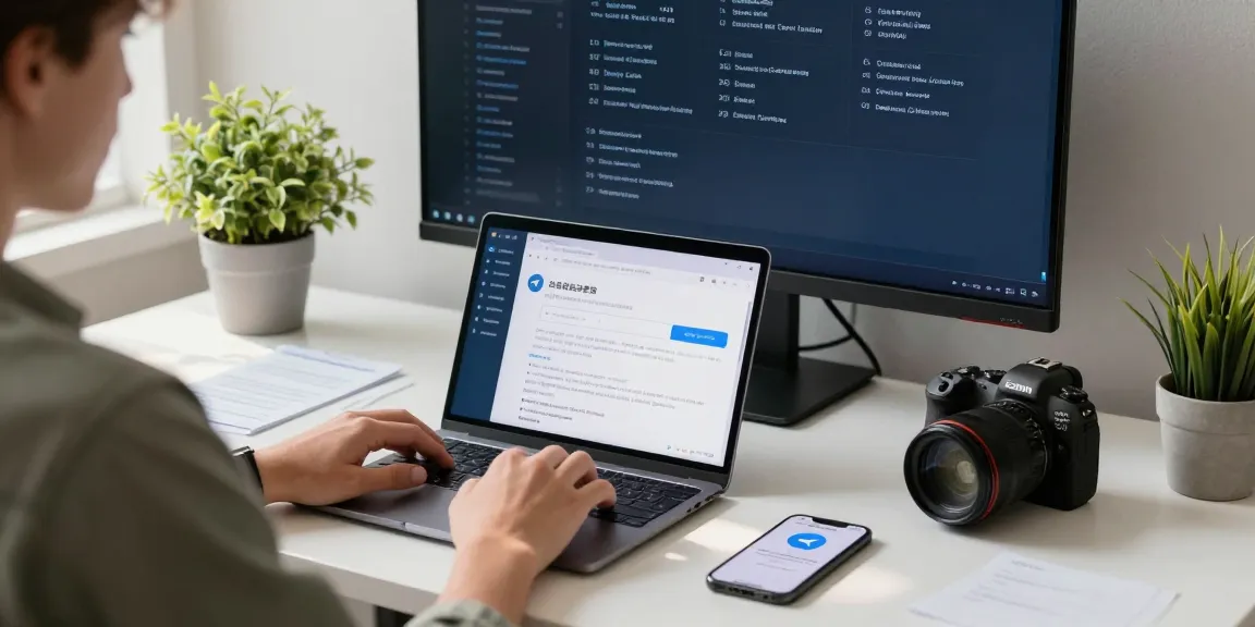 Engaging tech workspace scene showing Telegram Chinese setup on a laptop, showcasing effective communication.