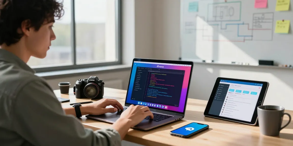 Efficient workspace illustrating Telegram download in action with coding and collaboration elements.