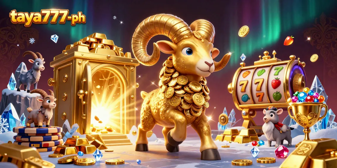 Taya777-ph features an exhilarating gaming scene with a golden ram charging through a treasure-filled gate, attracting gamblers into thrilling slot adventures.