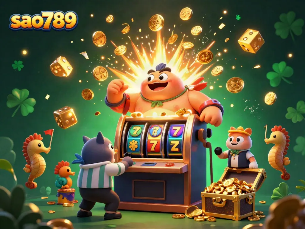 Experience thrilling gaming action at sao789 with a dynamic scene of a booming slot machine and colorful characters.