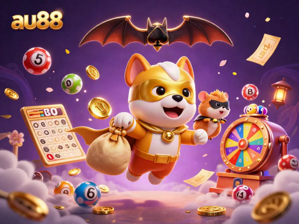 Win big with au88 in a vibrant 3D scene showcasing a superhero dog and hamster amidst colorful lottery elements.