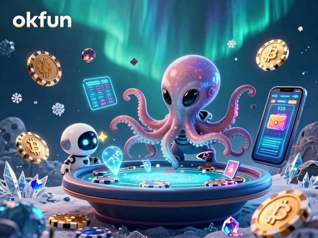 Play poker with the okfun alien octopus as asteroid-shaped chips orbit in this vibrant 3D casino scene.