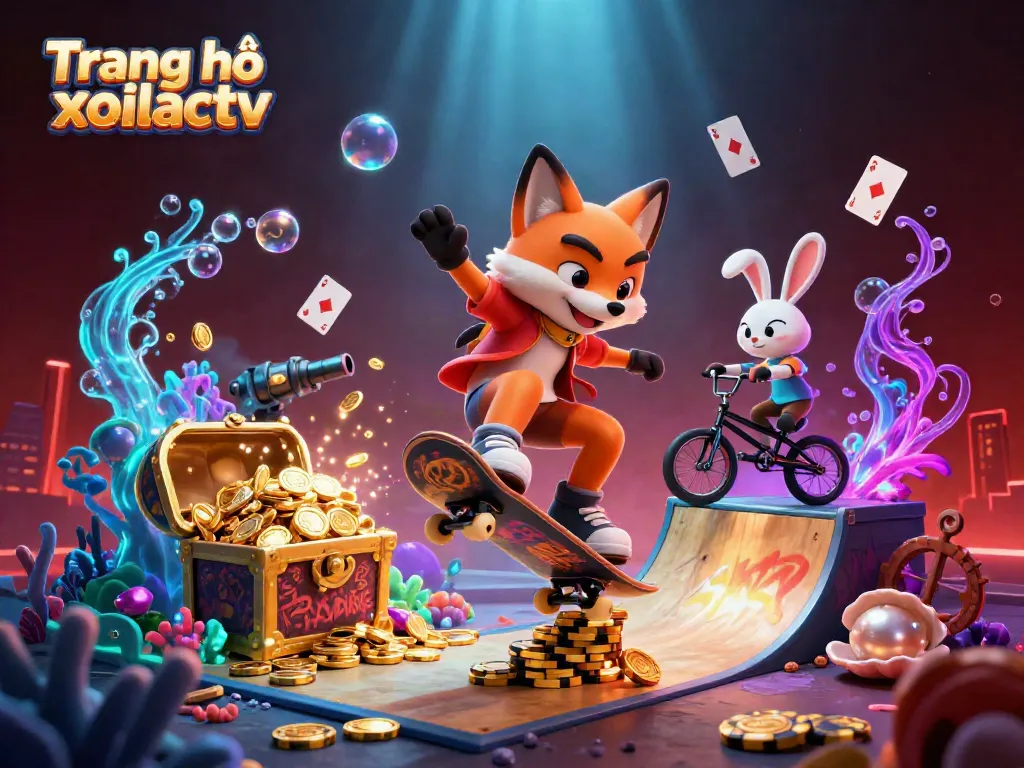 Experience the excitement at Trang chủ xoilactv with a vibrant skateboarding fox and BMX rabbit in a lively casino-themed scene.