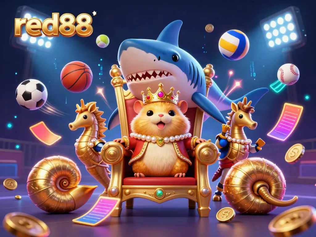 Engage in thrilling gameplay at red88 with a vibrant 3D casino scene featuring a golden hamster king and dynamic sports elements.