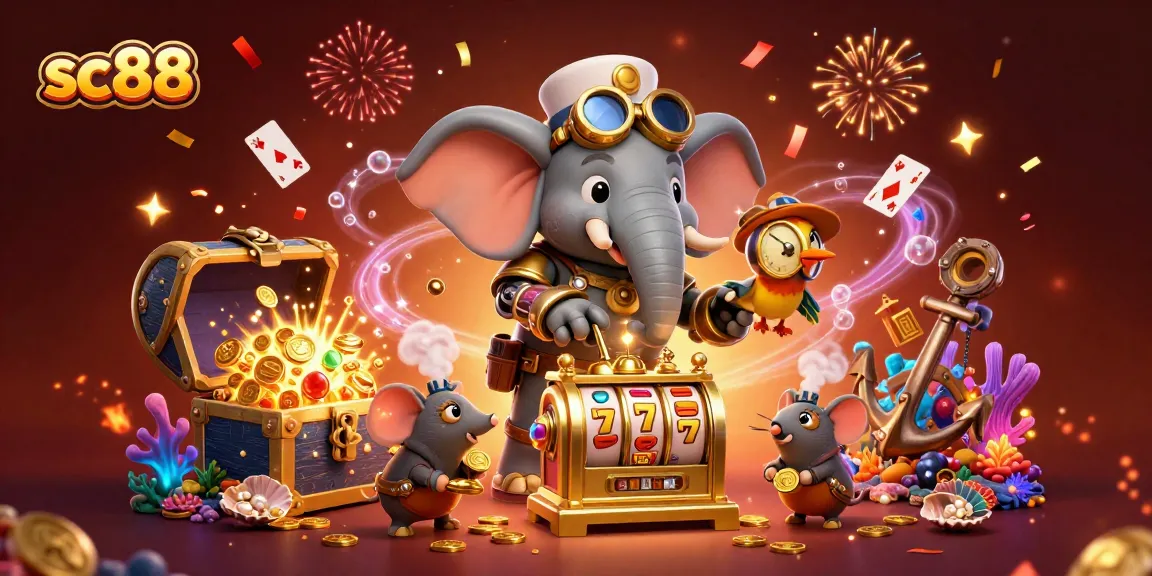 Spin and win at sc88 with a fun illuminated scene of a steampunk elephant and winning symbols.
