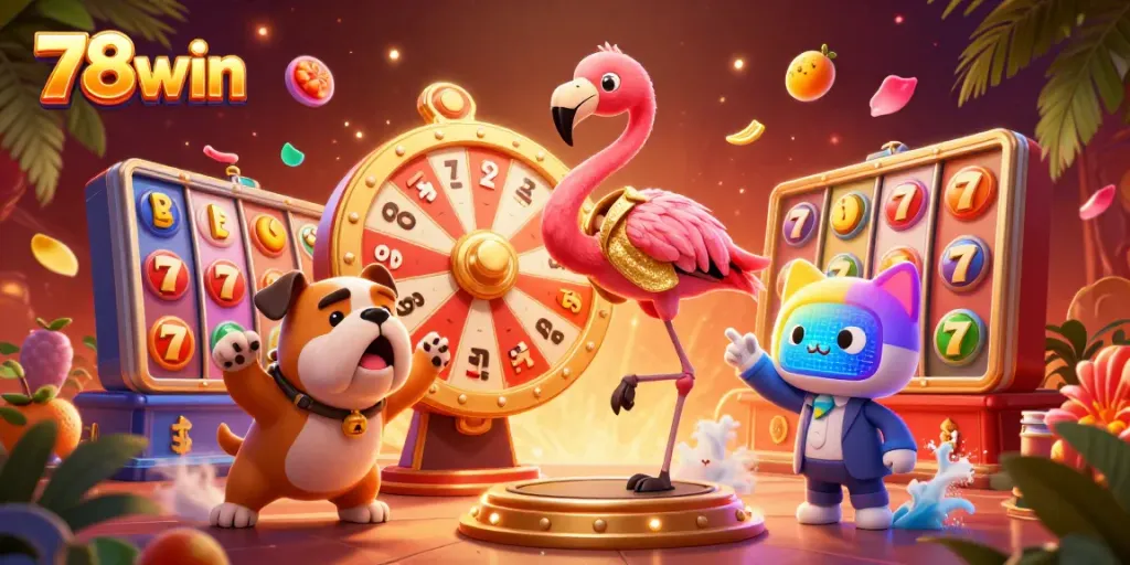 Experience thrilling jackpots at 78win's vibrant casino, surrounded by colorful slot reels and prizes.