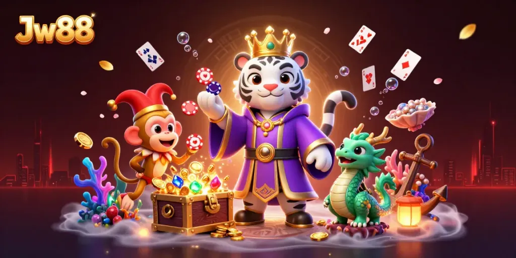Engaging Jw88 3D casino illustration with playful tiger and monkey amidst vibrant gaming elements.