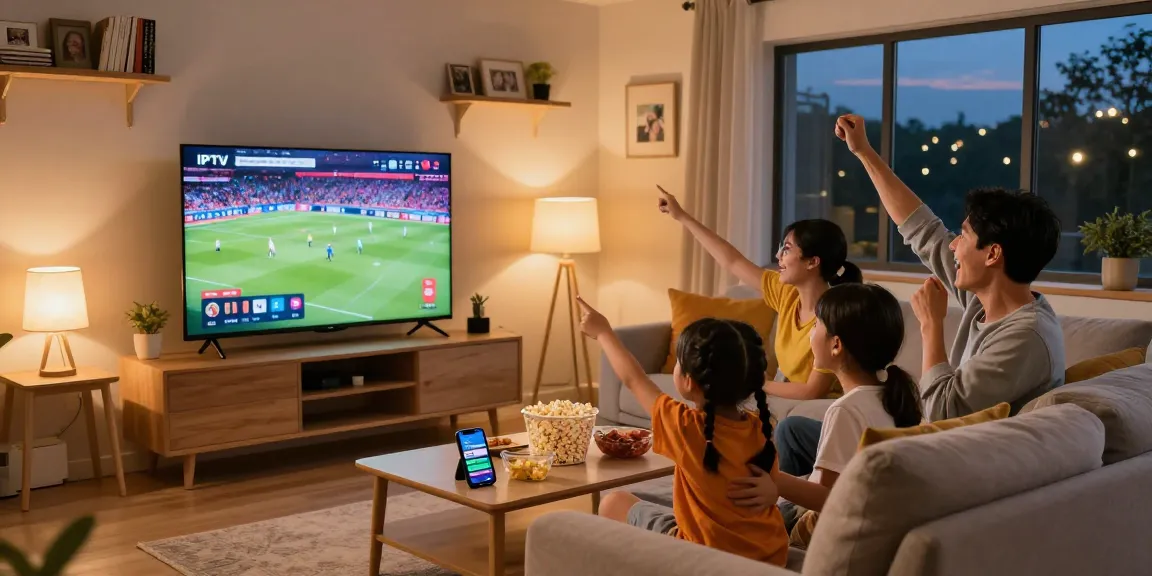 Family enjoying IPTV sports channels together in a cozy living room.