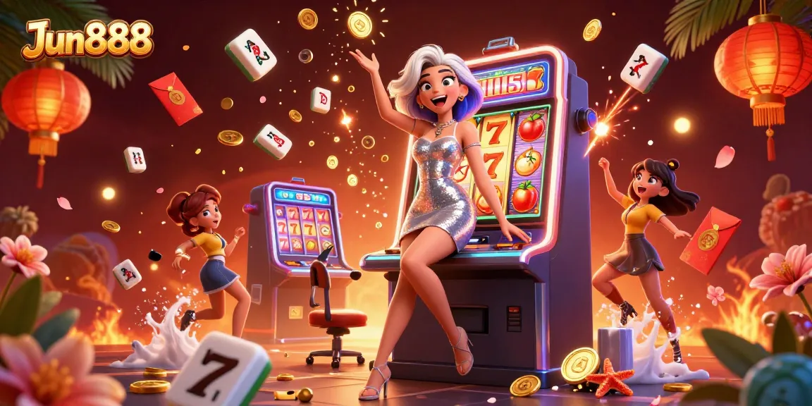 Experience thrilling wins with Jun888 in this vibrant, celebratory casino scene!