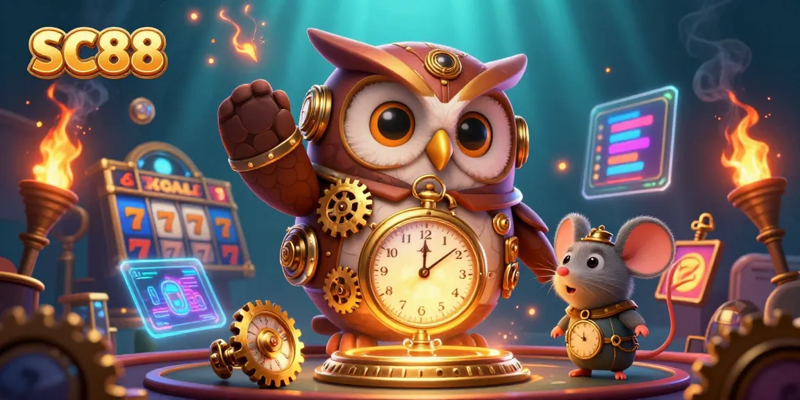 Engage in thrilling slot games at SC88 with a steampunk owl and vibrant casino elements.