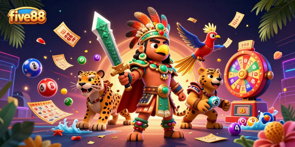 Experience five88 excitement with Aztec warriors and vibrant lottery elements in this 3D illustration.