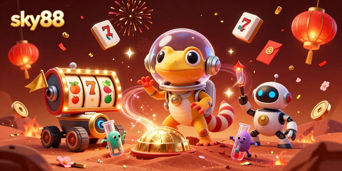 Experience thrilling gameplay with sky88 in a vibrant, dynamic casino scene showcasing slot reels and a Martian gecko.