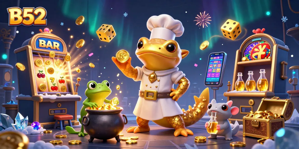 Experience the thrill of B52 with captivating slot machines, gold coins, and magical casino elements.