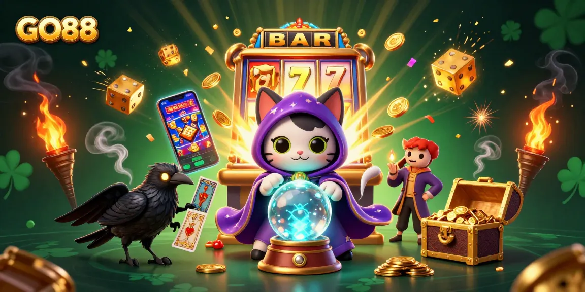 Experience thrilling victories with GO88 as a fortune teller cat and raven guide you through an enchanting casino world.