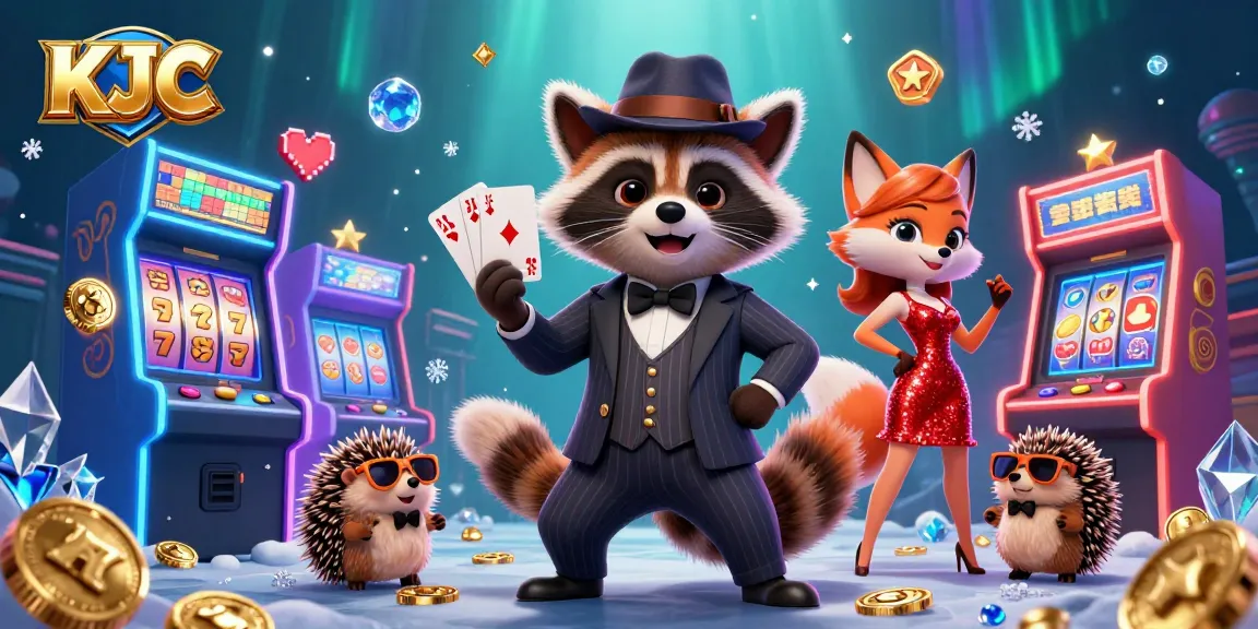 KJC gamblers celebrating with a royal flush hand, surrounded by vibrant slot machines and casino games.