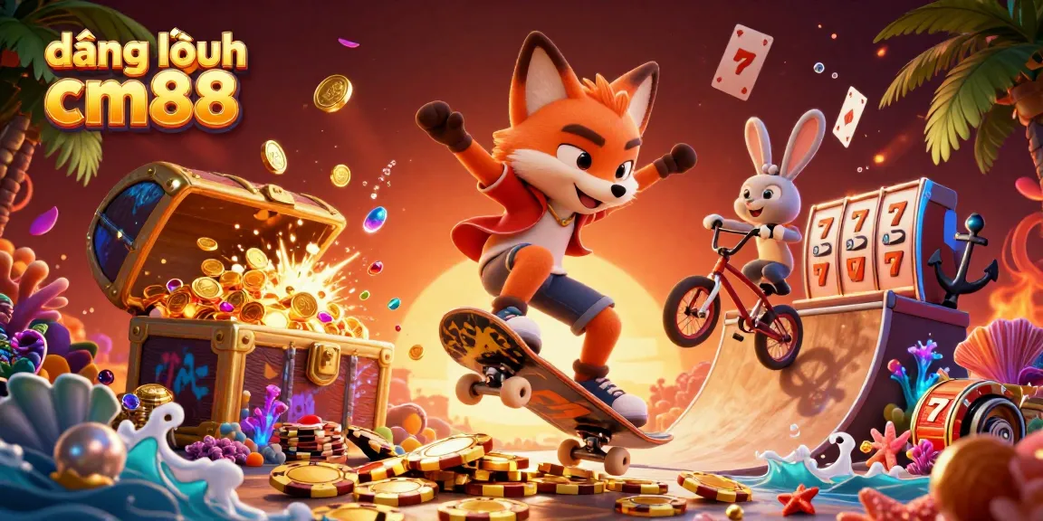 Engaging illustration depicting the excitement of đăng nhập cm88 with a 3D skateboarder fox and BMX rabbit amidst casino elements.