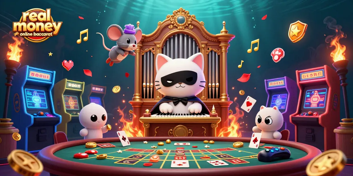 Engage with real money online baccarat in this vibrant 3D casino scene featuring lively characters.
