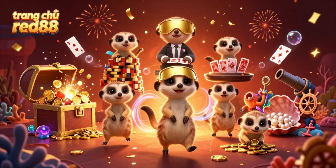 Experience the excitement of testing your luck at trang chủ red88 with meerkat dealers amidst floating cards and treasure.