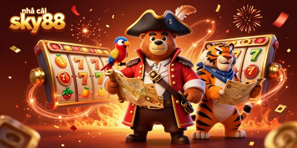 Engage with exciting slots at nhà cái sky88, featuring a pirate bear and tiger with vibrant game elements.