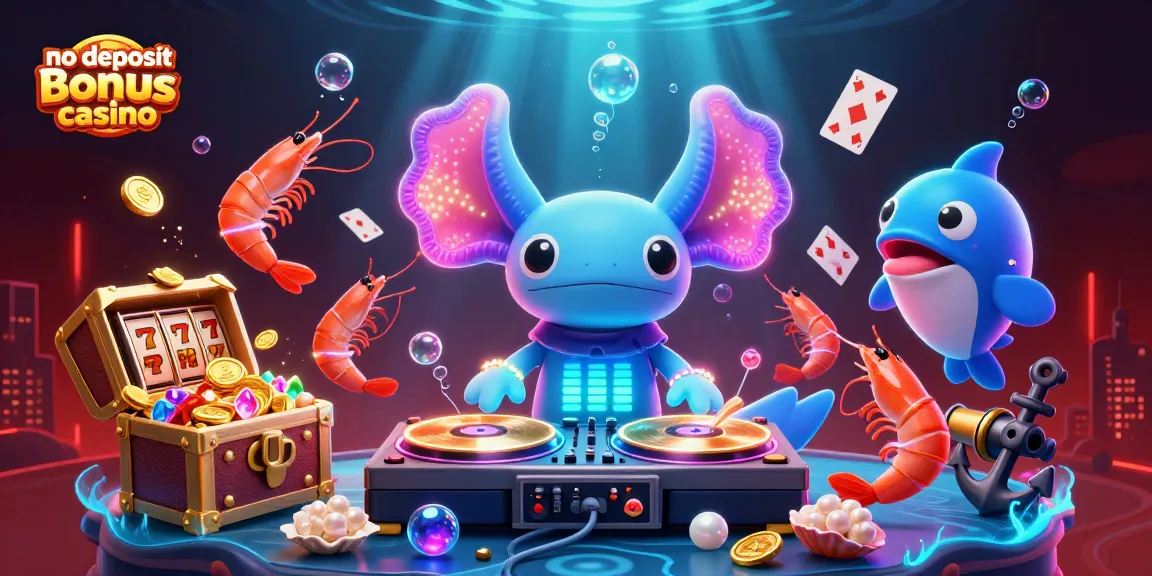 No deposit bonus casino illustration featuring a vibrant axolotl DJ and dynamic underwater elements.